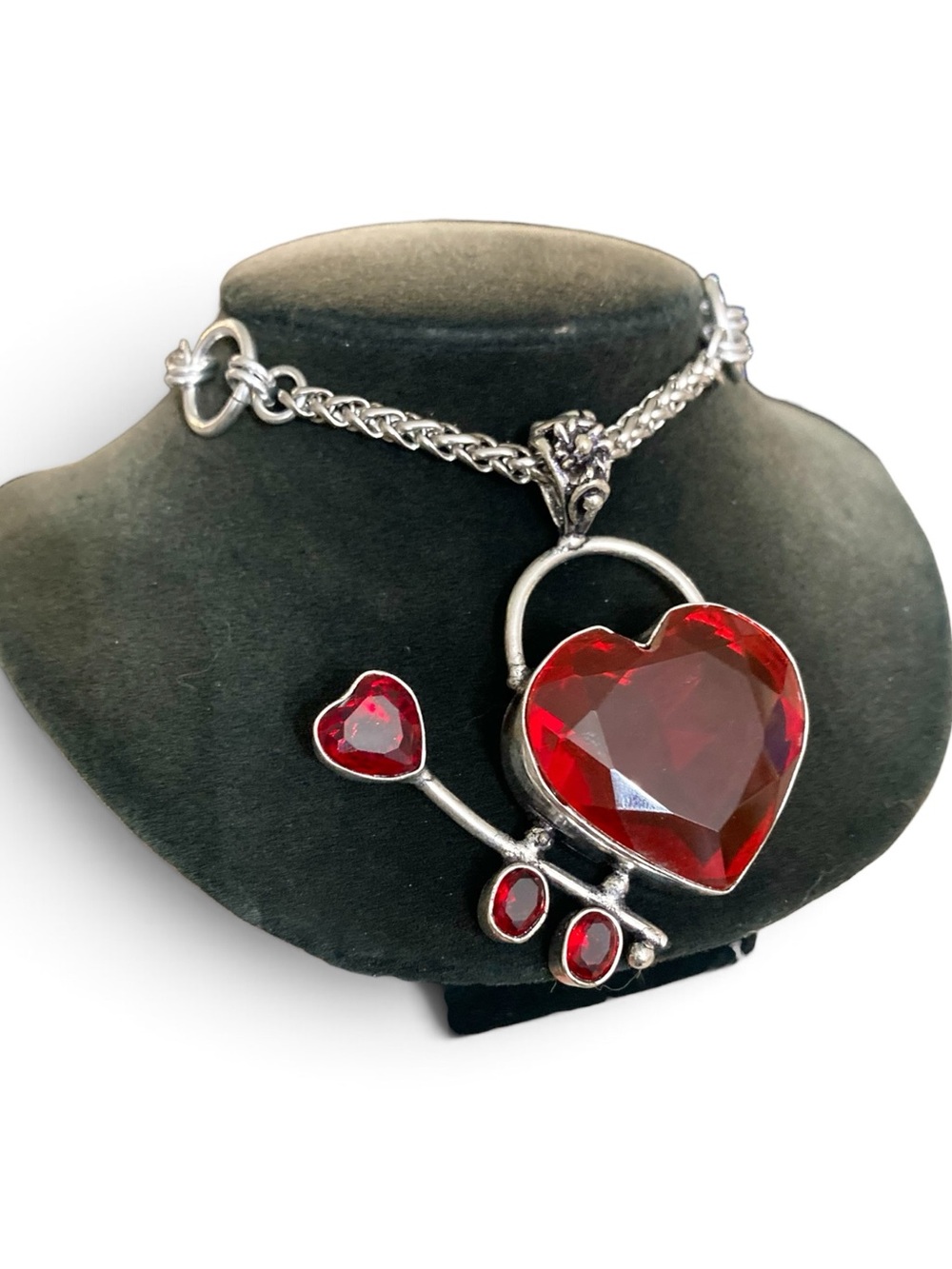 Red cubic zirconia heart arrow boho silver necklace .